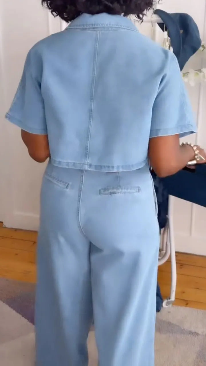 Cropped Denim Shirt & Wide Leg Pants Two Piece Set