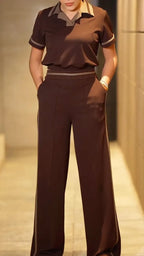 Contrast Collar Ribbed Polo Wide Leg Pant Set