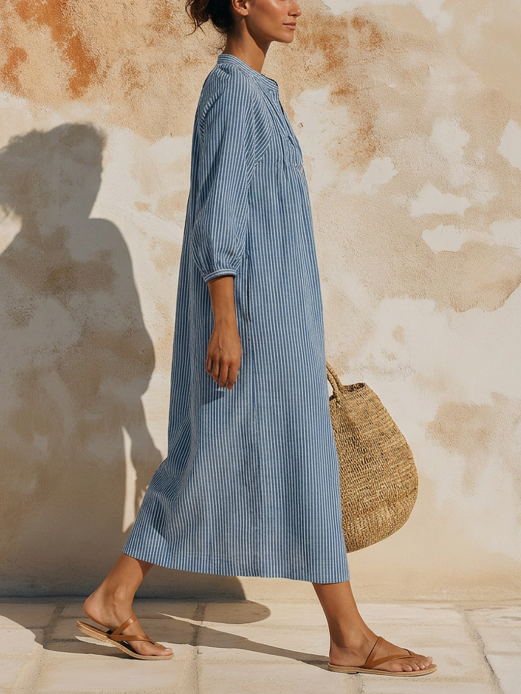 Blue & White Striped Linen Blend Midi Dress