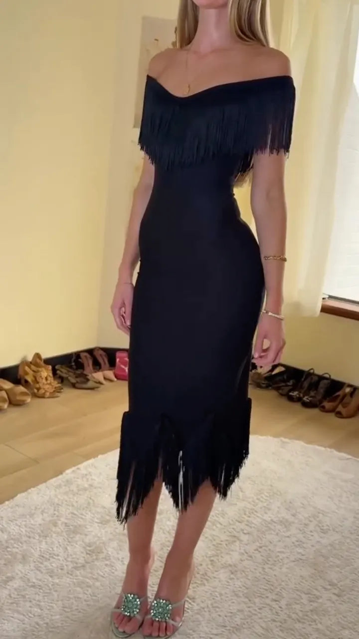 Black Off Shoulder Fringe Midi Dress