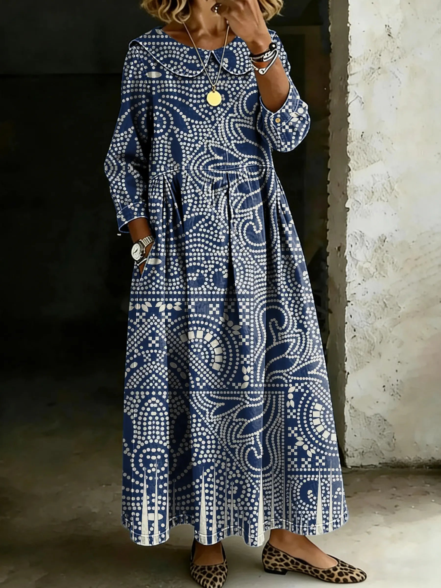 Women's Retro Ethnic Art Splicing Long-sleeved Loose-fitting Casual Denim Dress