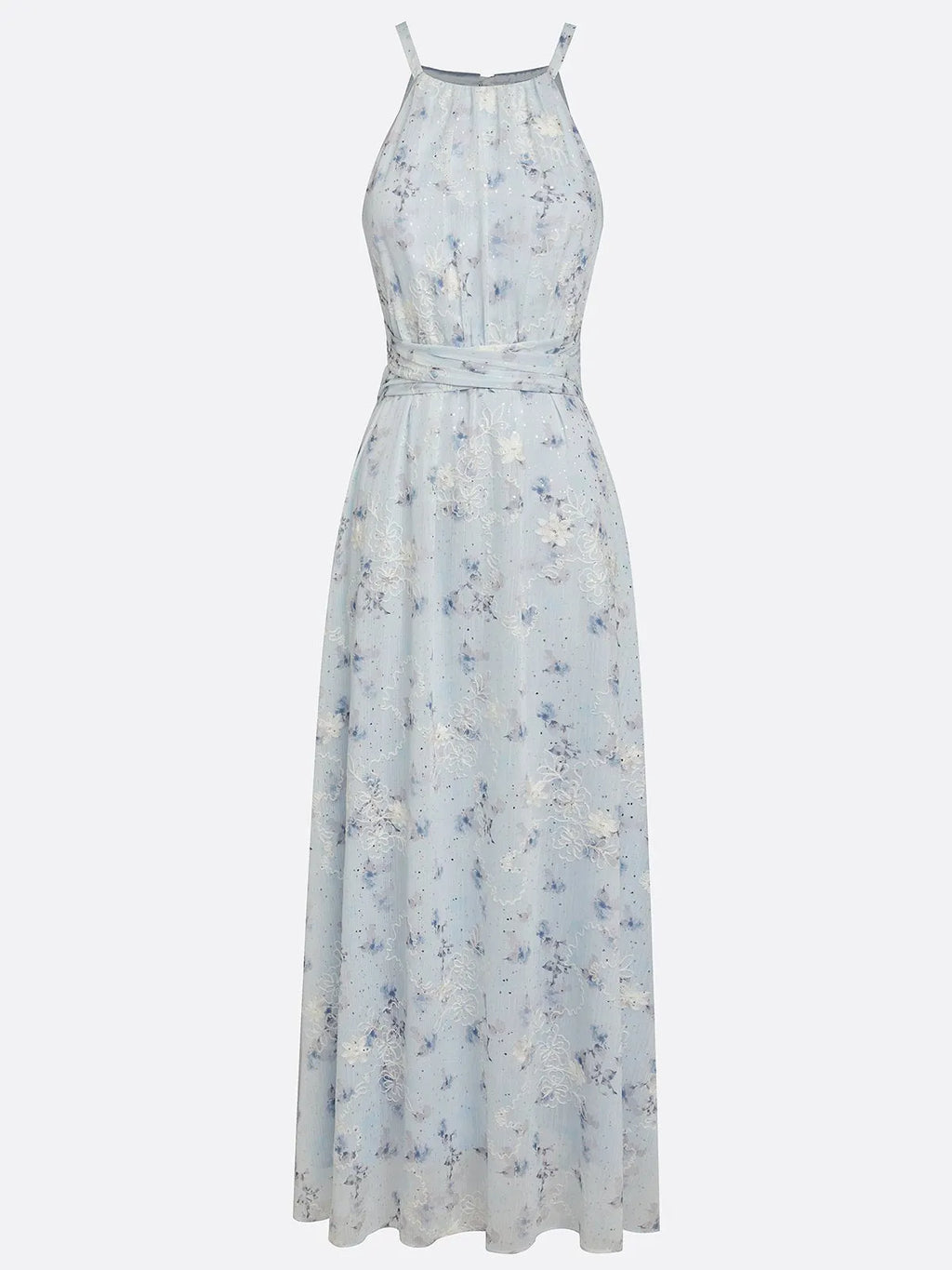 Light Blue Stamped Bronzing Jacquard Floral Chiffon Halter Sleeveless A-Line Maxi Dress