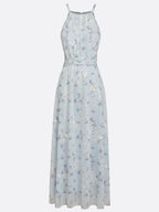 Light Blue Stamped Bronzing Jacquard Floral Chiffon Halter Sleeveless A-Line Maxi Dress