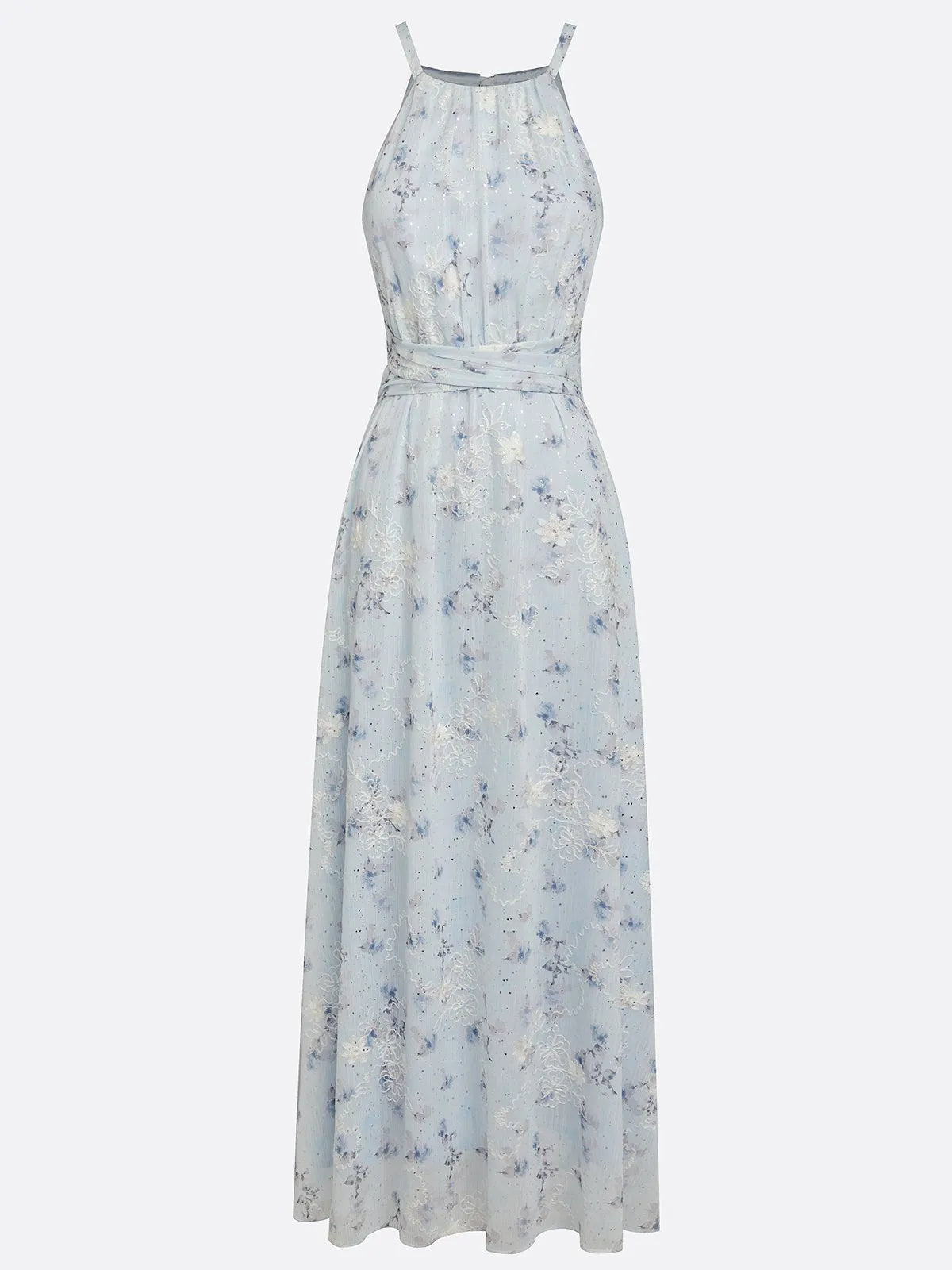 Light Blue Stamped Bronzing Jacquard Floral Chiffon Halter Sleeveless A-Line Maxi Dress