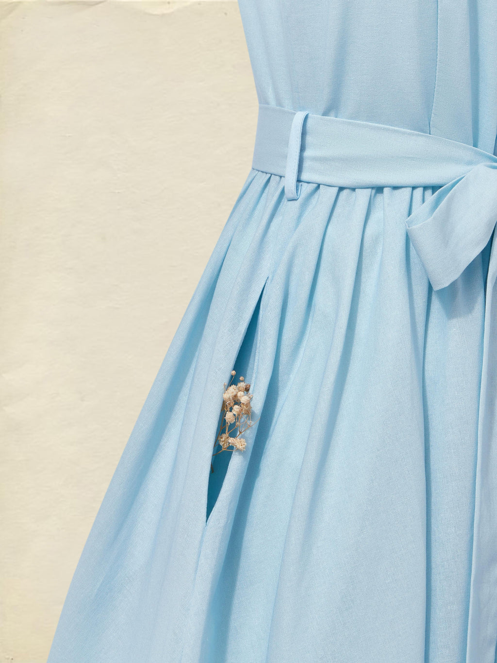 Maxi Linen Dress , Sleeveless, Round Neck, Floral, Button Design, French Vintage, Sky Blue