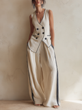 Cream Linen-Blend Double-Breasted Vest & Wide-Leg Trousers Co-ord Set