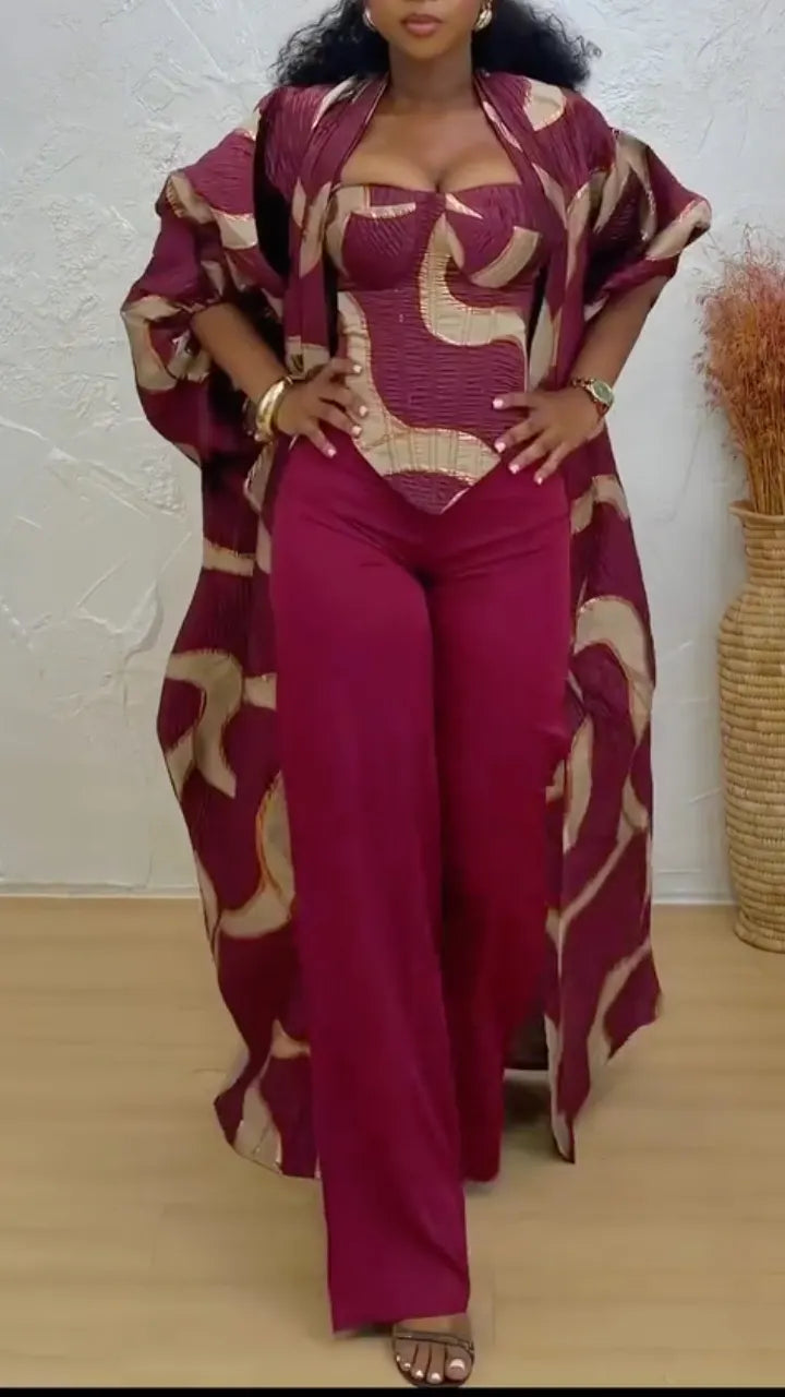 Printed Long Kimono Robe & Pant 3‐Piece Suit