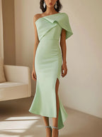 Light Green Satin Dress with Asymmetric Shoulder Detail