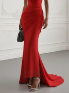 Red Ruched Knit Halter Sleeveless Bodycon Gown Dress
