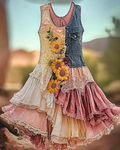 Summer Vacation Ruffle Lace Contrast Color Denim Patchwork Dress  7b8b