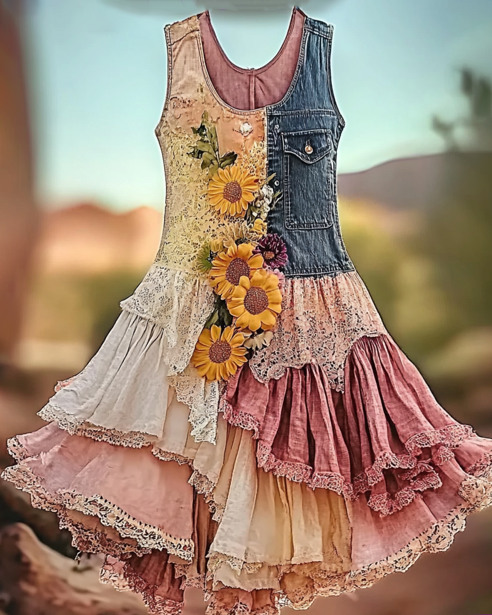 Summer Vacation Ruffle Lace Contrast Color Denim Patchwork Dress  7b8b