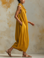 Mustard Yellow Linen Tencel Halter Neck Maxi Dress