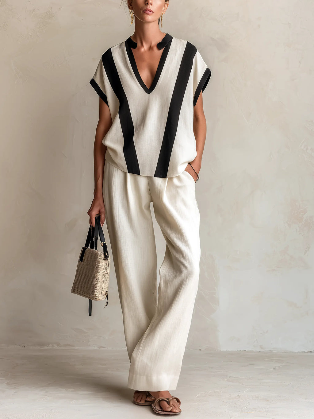 Cream Linen-Blend Color-Block V-Neck Top & Wide-Leg Pants Two-Piece Set