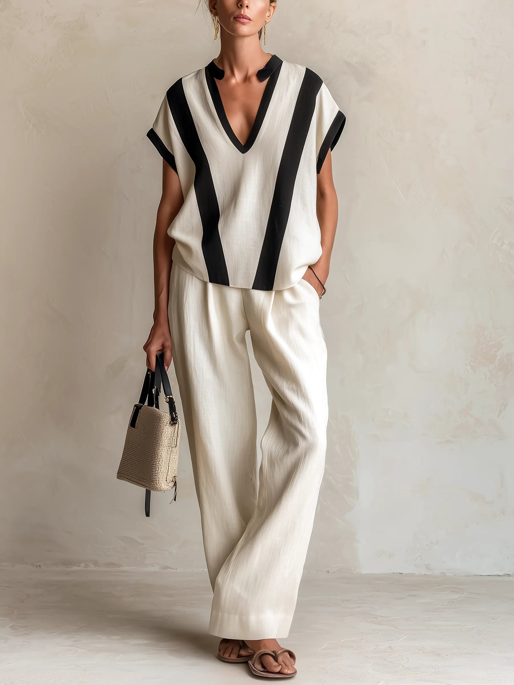 Cream Linen-Blend Color-Block V-Neck Top & Wide-Leg Pants Two-Piece Set