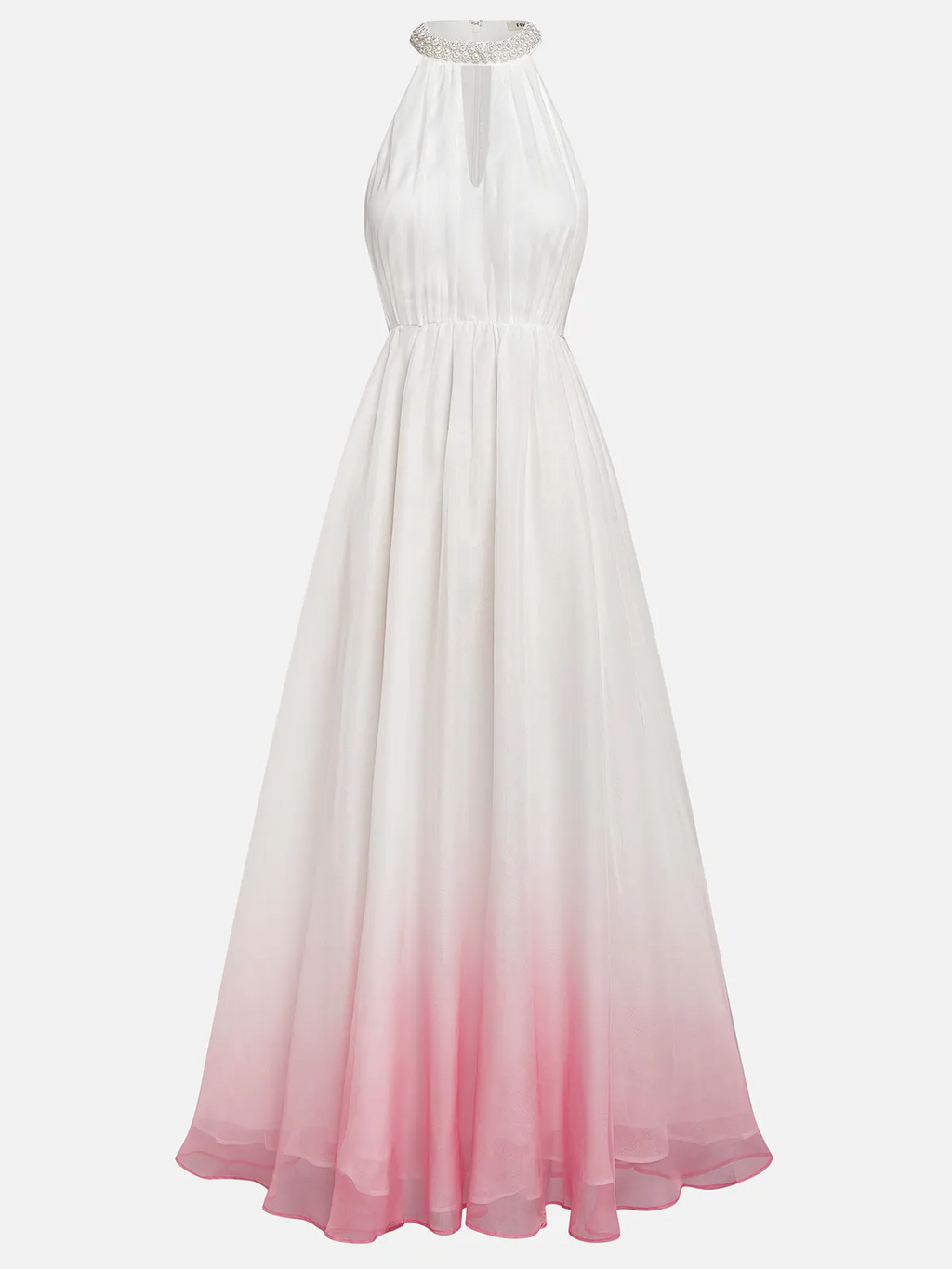 Pink Ombre Halter Maxi Dress Pleated Wedding Guest Gown for Beach & Summer Parties