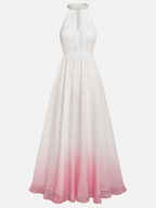 Pink Chiffon Halter Ombre Faux Pearl Cut Out Sleeveless A-Line Mock Neck Maxi Dress