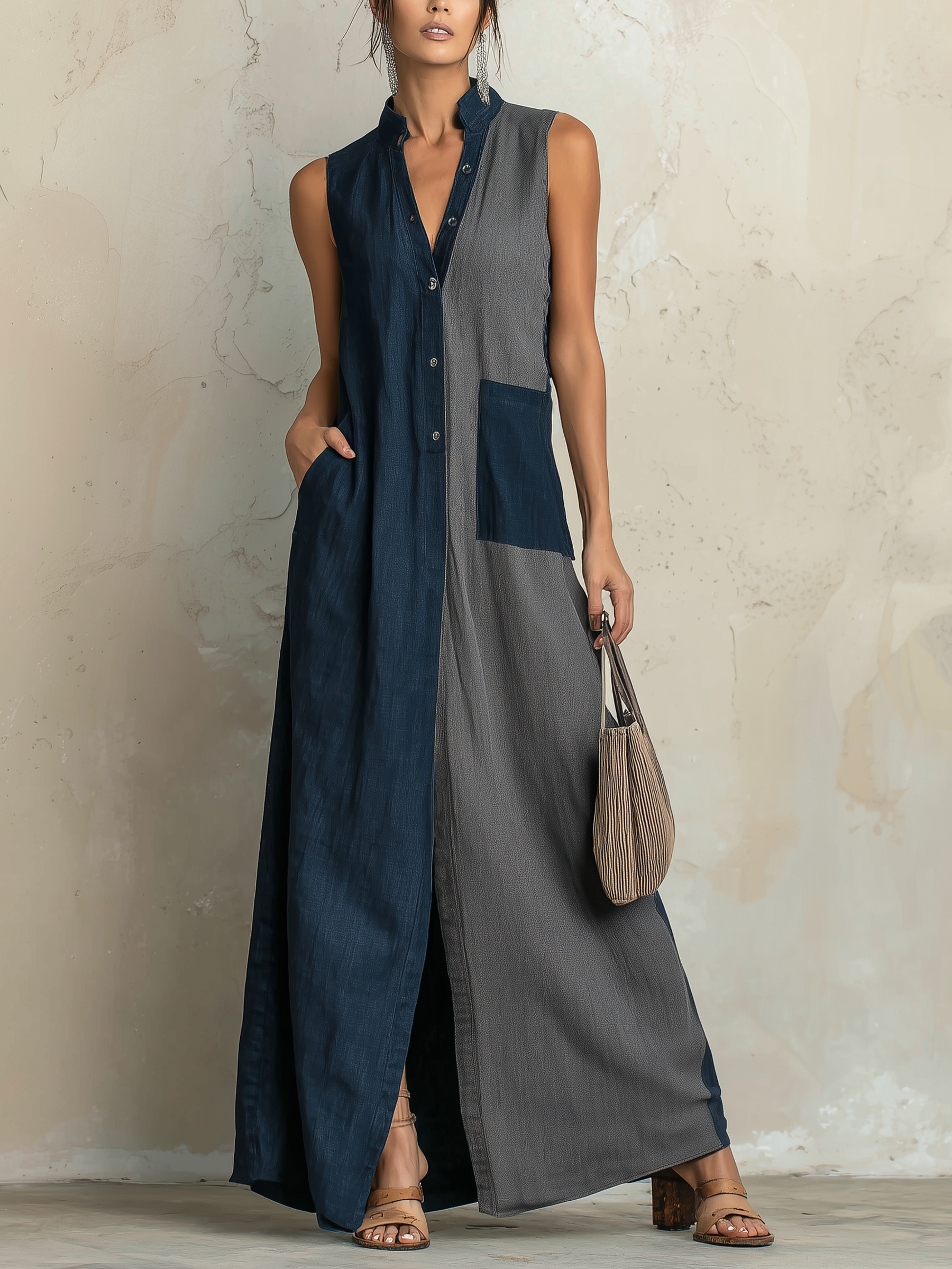Color-Block Denim Maxi Shirt Dress — Sleeveless Button-Front Casual Maxi Dress