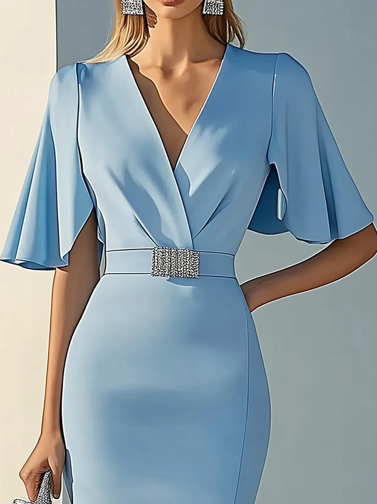 Light Blue Wide-Sleeve Sheath Dress with Silver Rhinestone Waistband