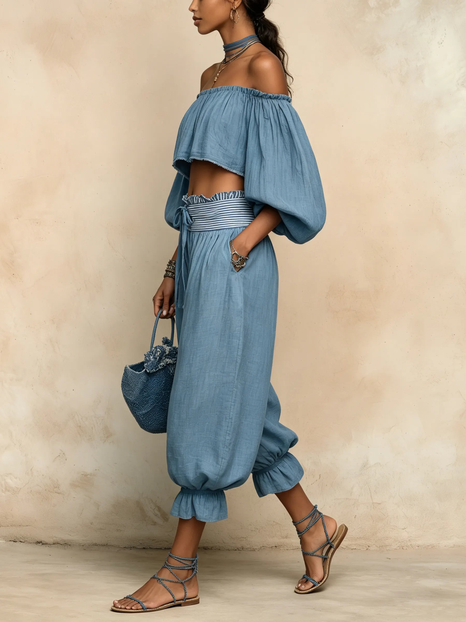 Blue Off-Shoulder Linen-Blend Two-Piece Balloon Pant Set