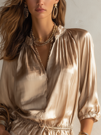 Champagne-colored Satin Ruffled Shirt