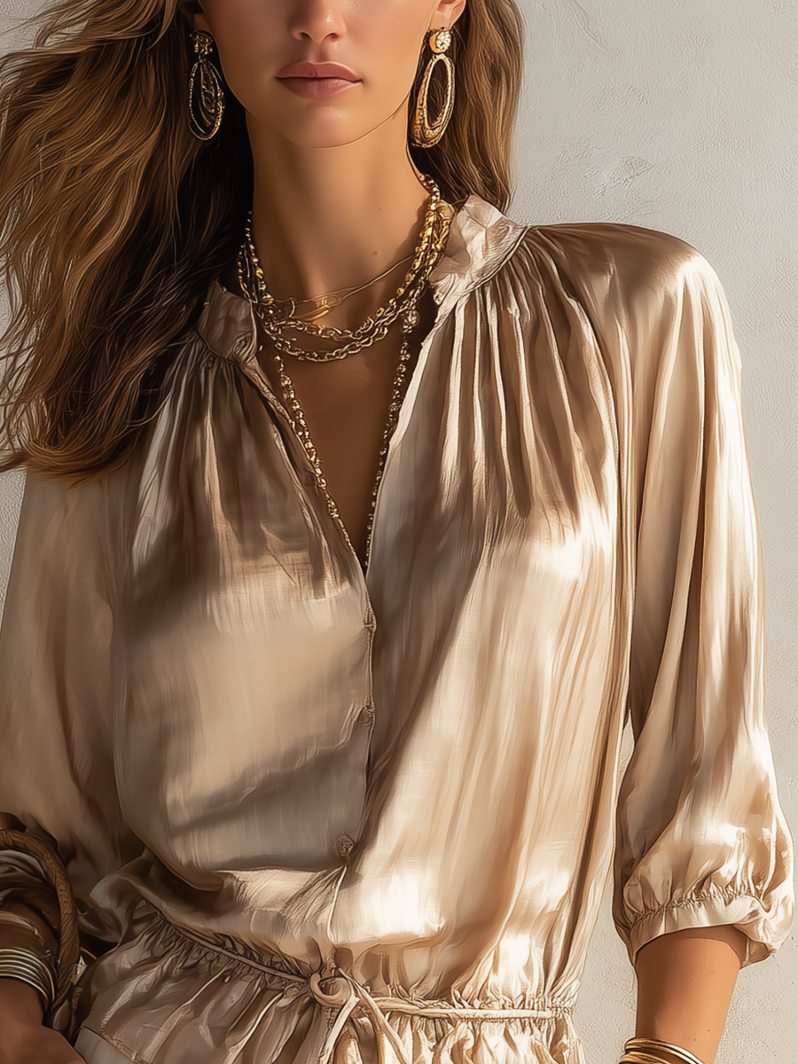Champagne-colored Satin Ruffled Shirt
