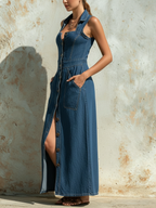Sleeveless Button-Front Denim Maxi Dress With Collared Neck