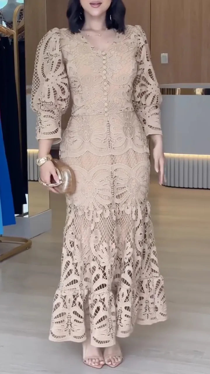 Floral Cutwork Lace Puff Sleeve Midi Dress