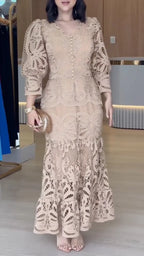 Floral Cutwork Lace Puff Sleeve Midi Dress