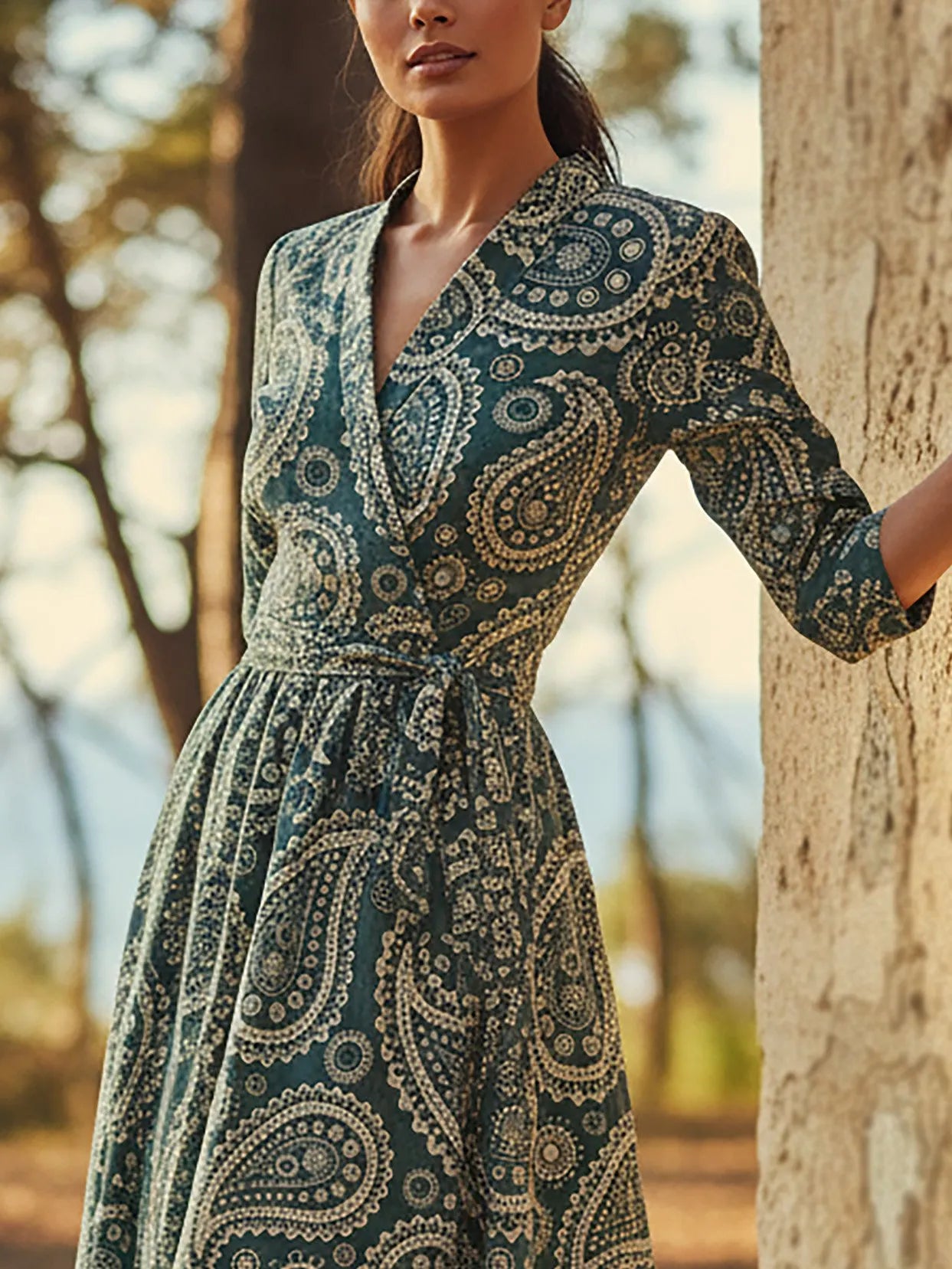 Maxi Linen Dress, Half Sleeve, V Neck, Paisley, Belt Design, Vintage, Cyan