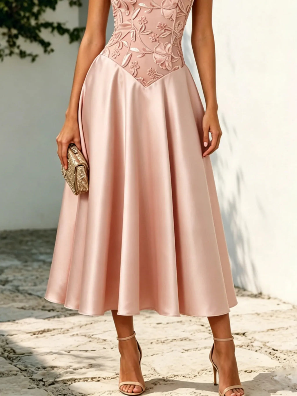 Pink Satin Halter Neck Sleeveless A-Line Midi Dress