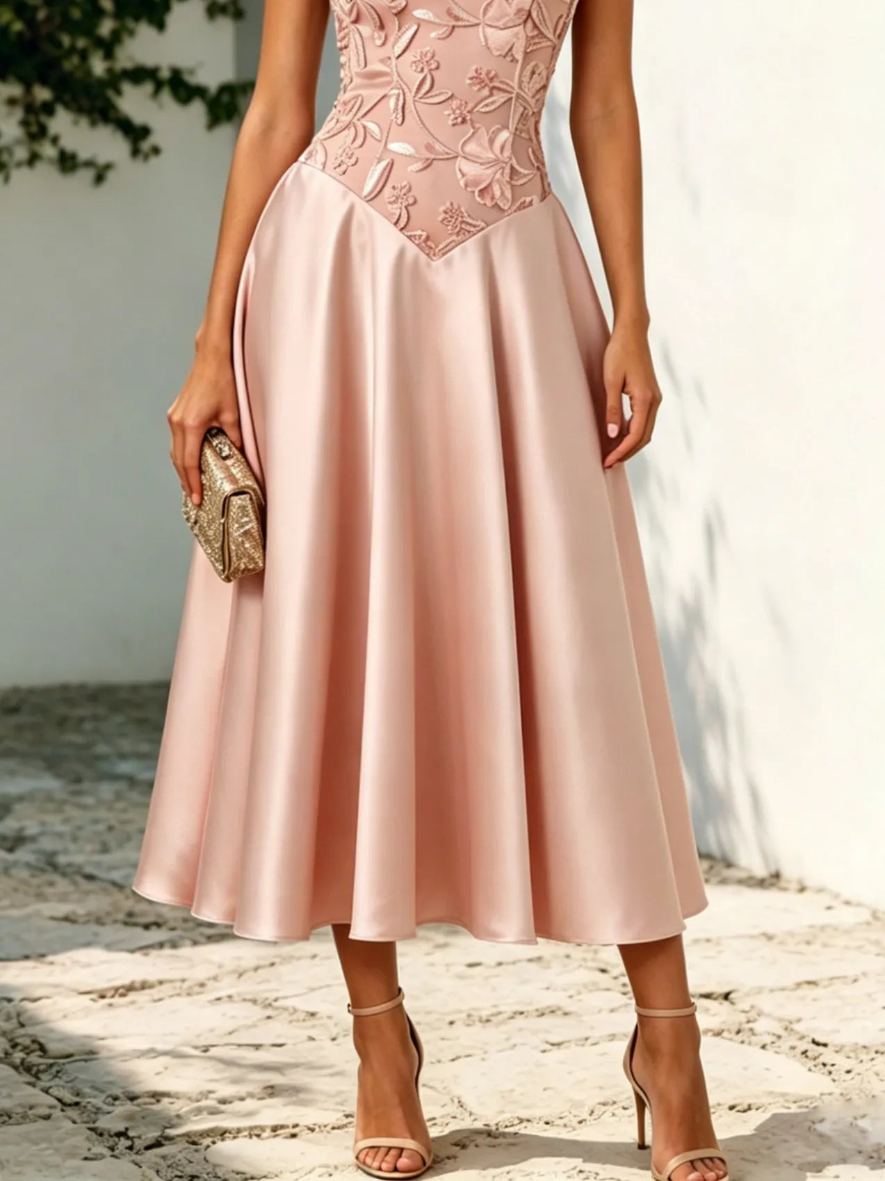 Pink Satin Halter Neck Sleeveless A-Line Midi Dress