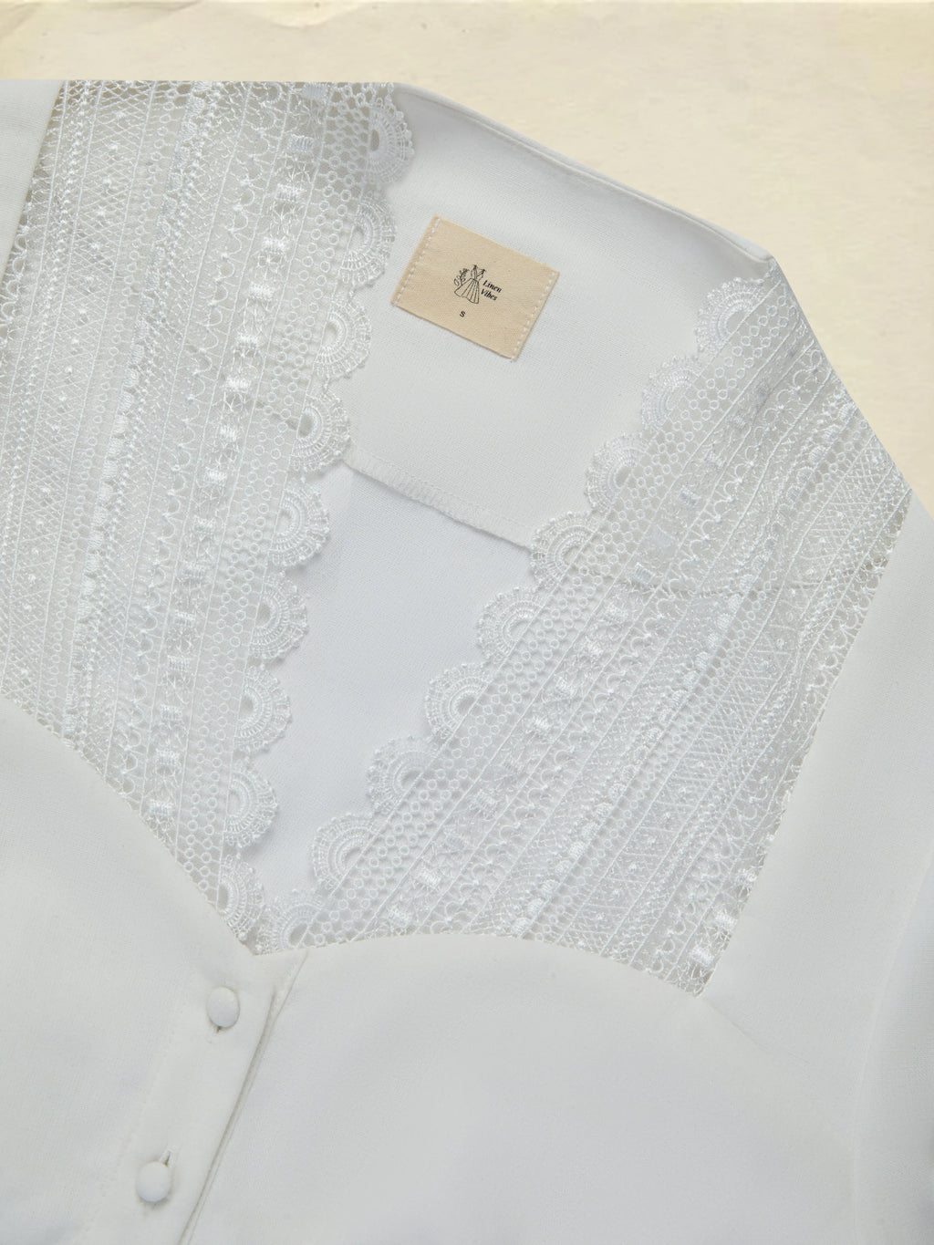 Linen Shirt, Long Sleeves,  Plain, Lace, French Vintage, White