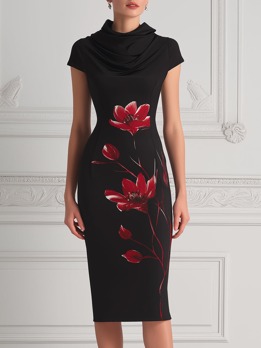 Black Cowl Neck Red Floral Print Bodycon Midi Dress