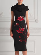 Black Cowl Neck Red Floral Print Bodycon Midi Dress