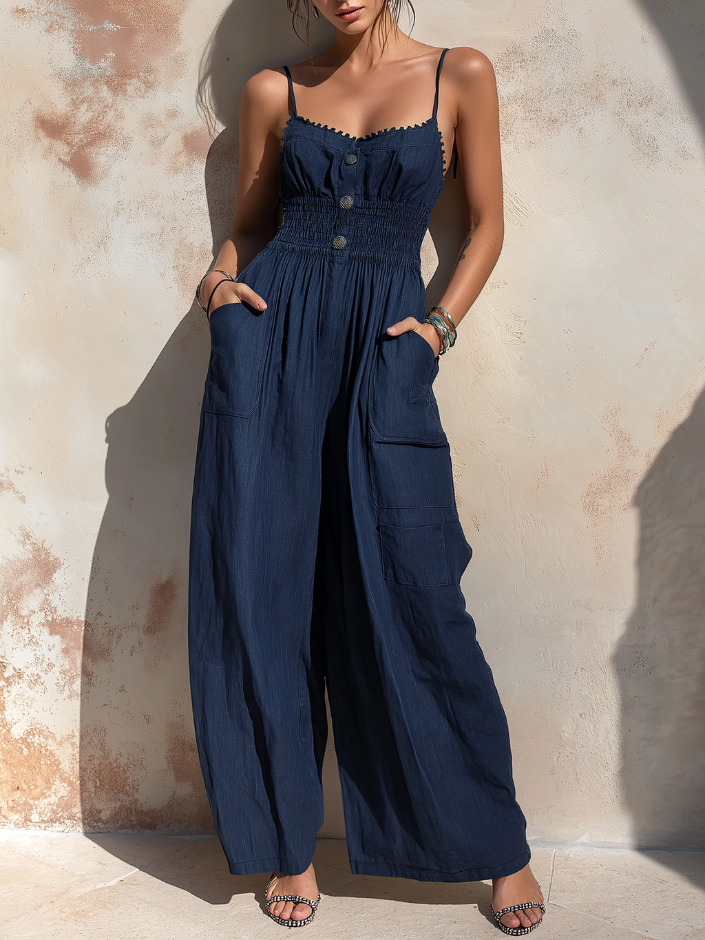 Navy Blue Tencel Denim Smocked Waist Wide-Leg Jumpsuit