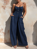 Navy Blue Tencel Denim Smocked Waist Wide-Leg Jumpsuit