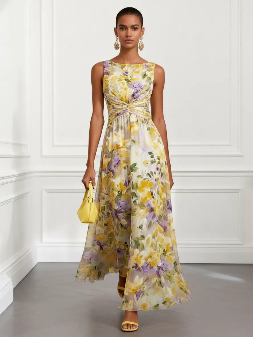 Yellow Floral Ruched Chiffon Boat Neck Sleeveless A-Line Maxi Dress