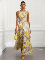 Yellow Floral Ruched Chiffon Boat Neck Sleeveless A-Line Maxi Dress