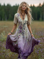 Women's Bohemian Floral Art Gradient Linen Maxi Dress