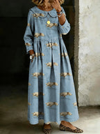 Women's Retro Funny Cute Running Dog Splicing Long-sleeved Loose-fitting Casual Denim Dress