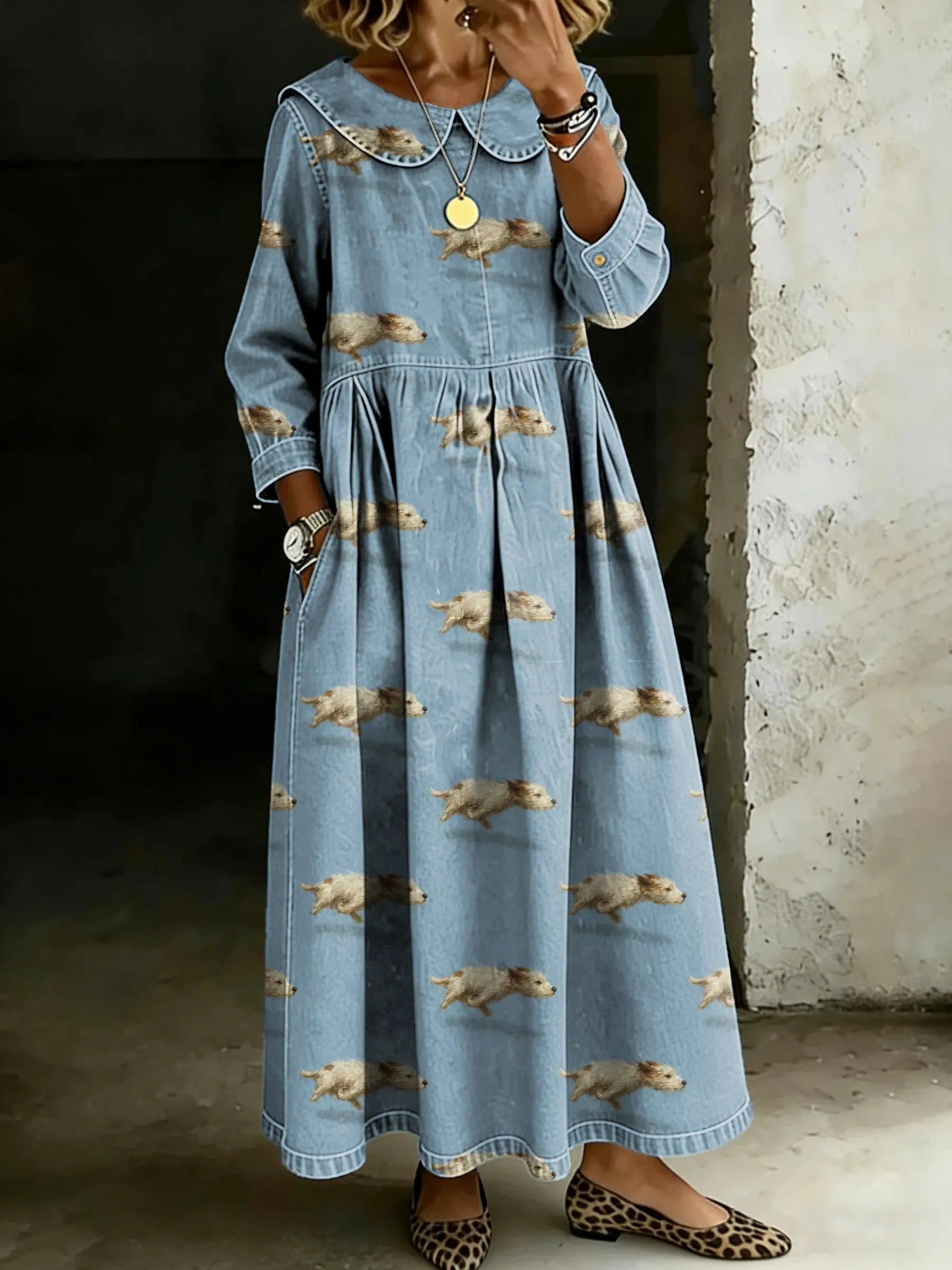 Women's Retro Funny Cute Running Dog Splicing Long-sleeved Loose-fitting Casual Denim Dress