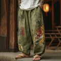 Men's Japanese Tiger Pattern Art Contrast Wide Leg Linen Pants