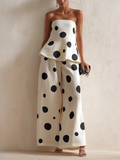 Cream Polka Dot Linen-Blend Strapless Top & Wide-Leg Pants Set