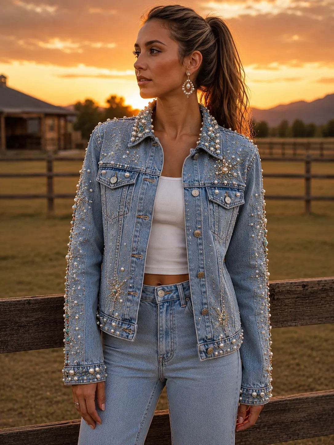 Beaded Horse Feather Denim Jacket