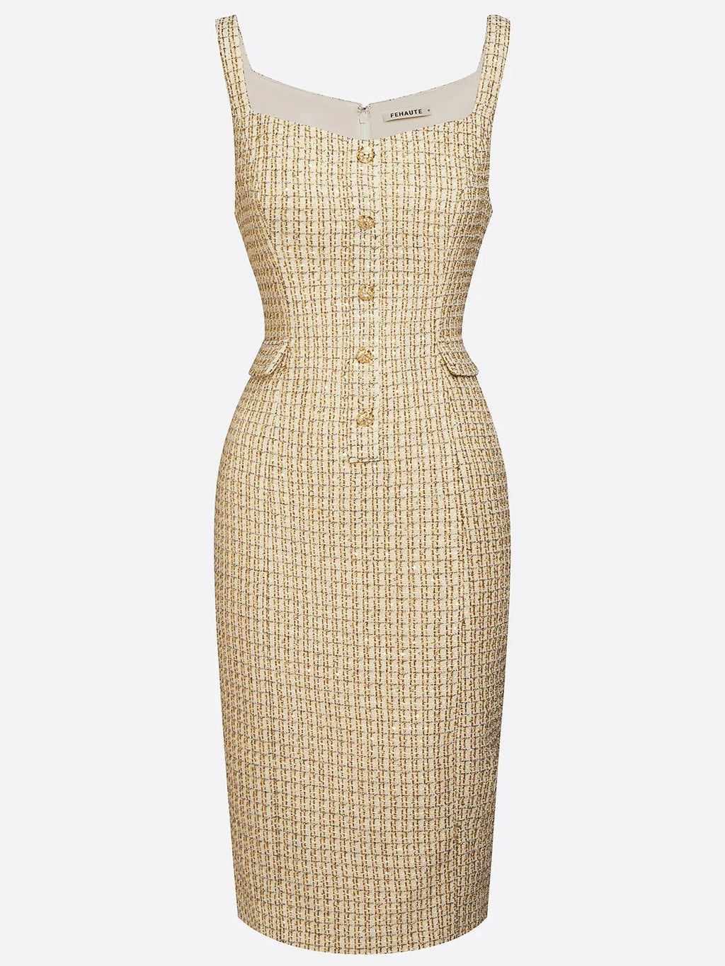 Golden Buckle Pocket Stitching Tweed Spaghetti Sleeveless Sheath Midi Dress
