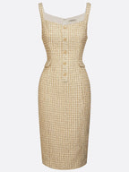 Golden Buckle Pocket Stitching Tweed Spaghetti Sleeveless Sheath Midi Dress