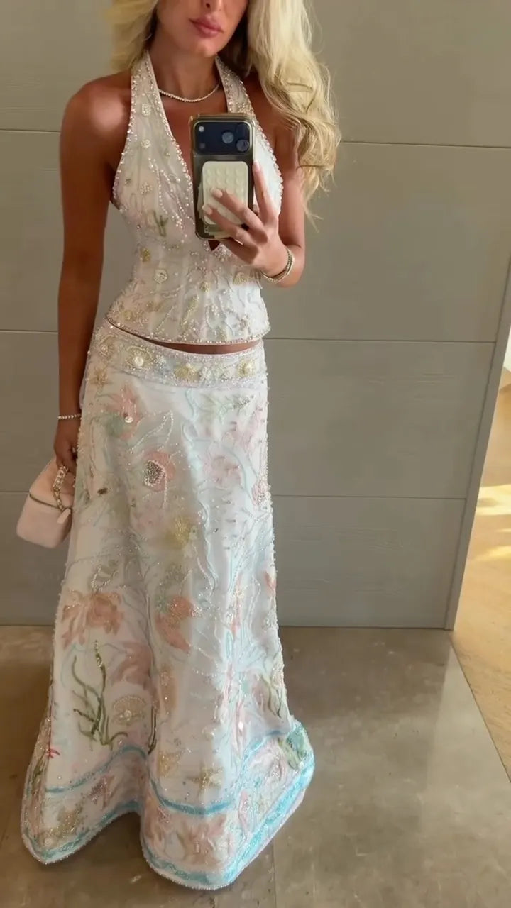 Beaded Floral Halter Two Piece Maxi Skirt Set