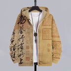 Men's Retro Calligraphy Art Print Zip Up Casual Hoodie