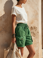 Vibrant Green Elastic Waist Cargo Shorts With Utility Pockets