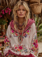 Women's Bohemian Floral Embroidery Art Casual Cotton Linen Hoodie